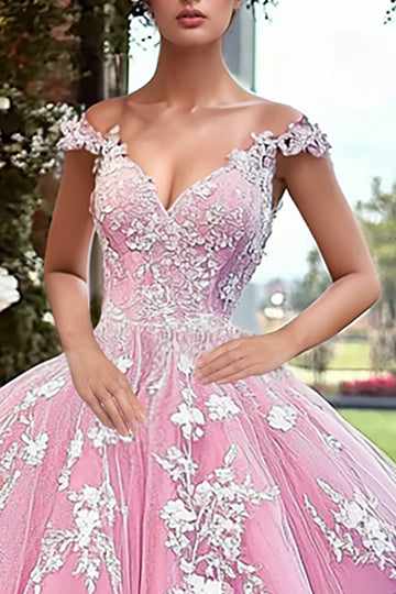 Pink Tulle Princess Quinceanera Dress with Appliques